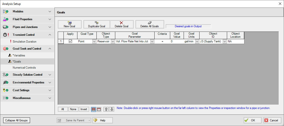 The Goals tab of the Goal Seek and Control Manager window with one goal defined.